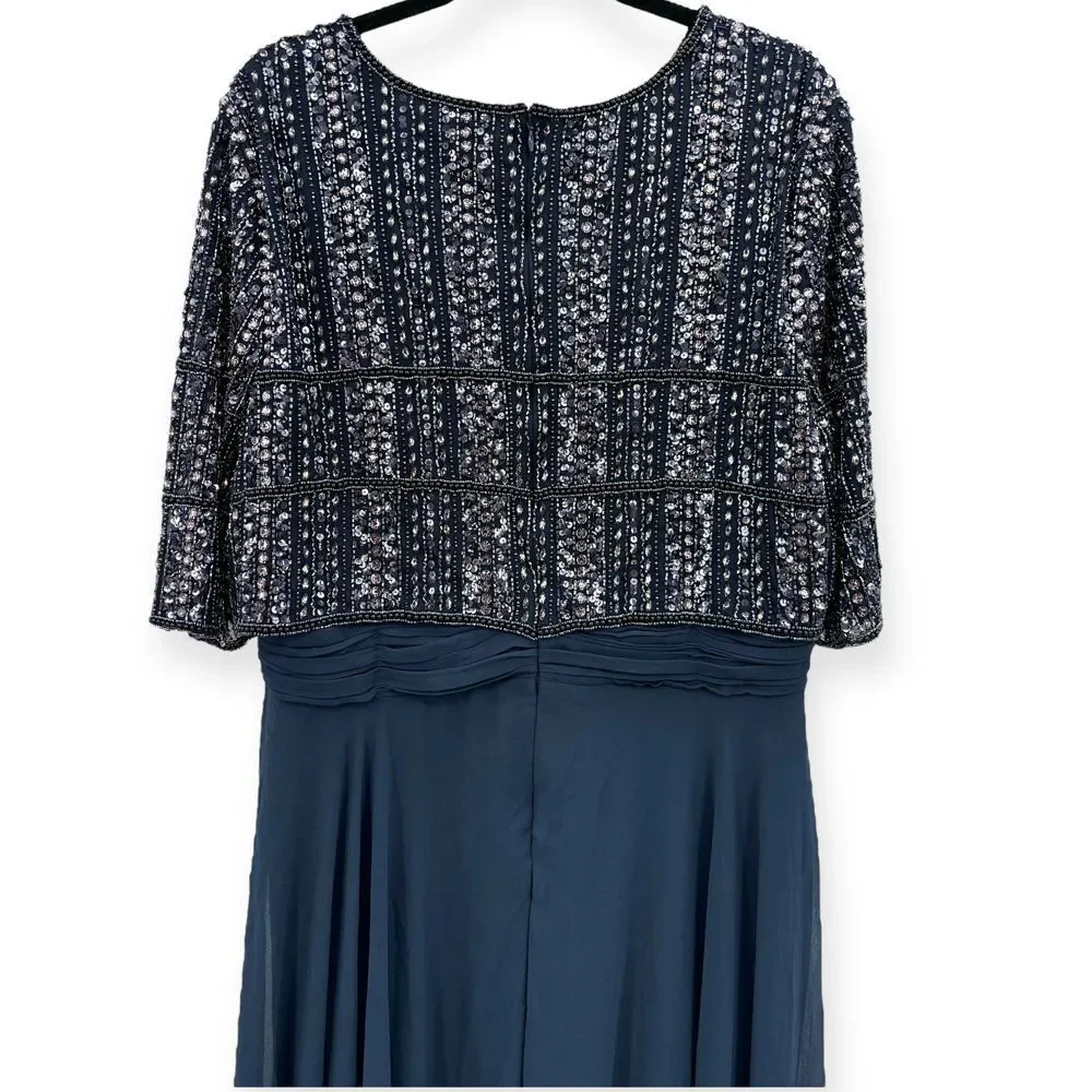 Mac Duggal NEW Chiffon Gown w/ Fully Beaded 3/4 Sleeve Top Navy $598 - Size‎ 18 - Picture 11 of 13
